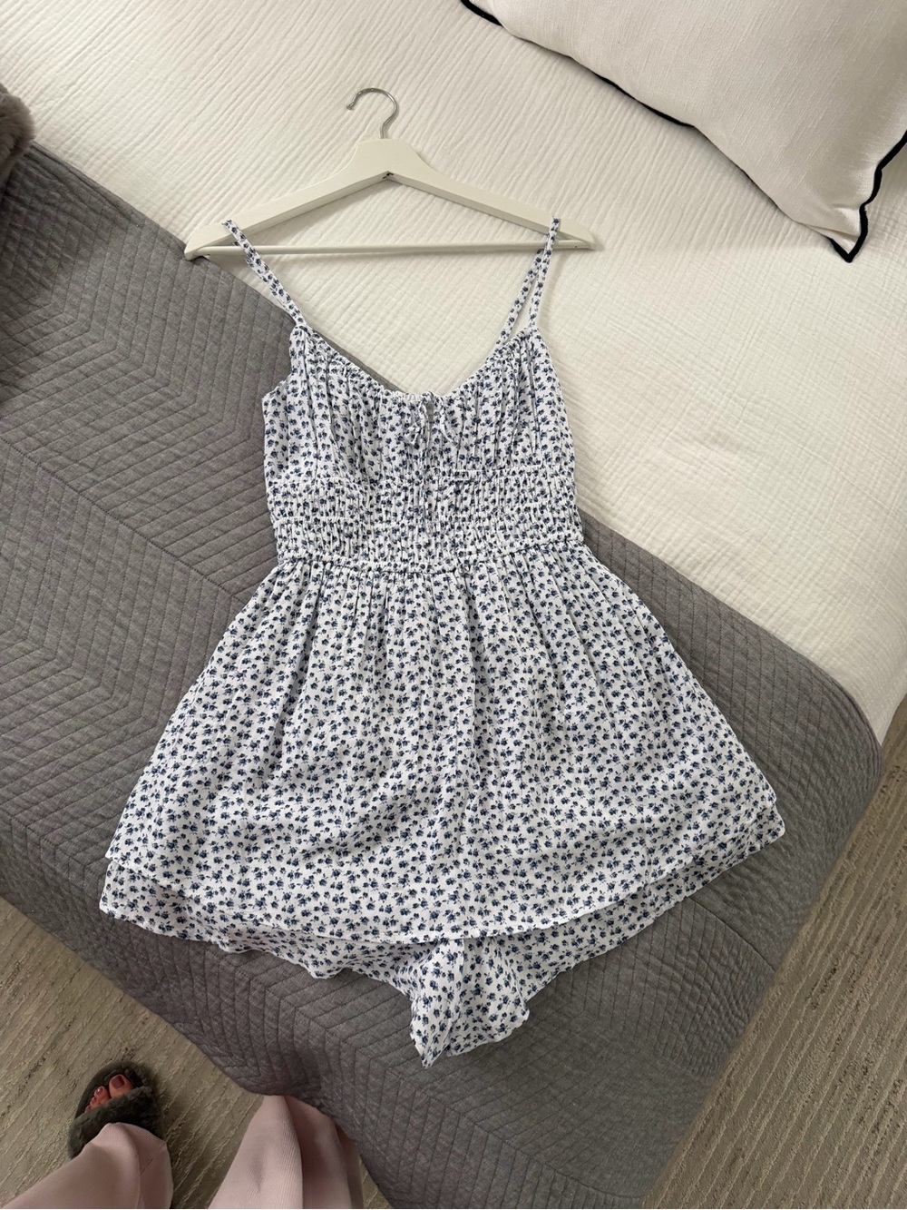 Hollister White Romper with Blue Floral Print